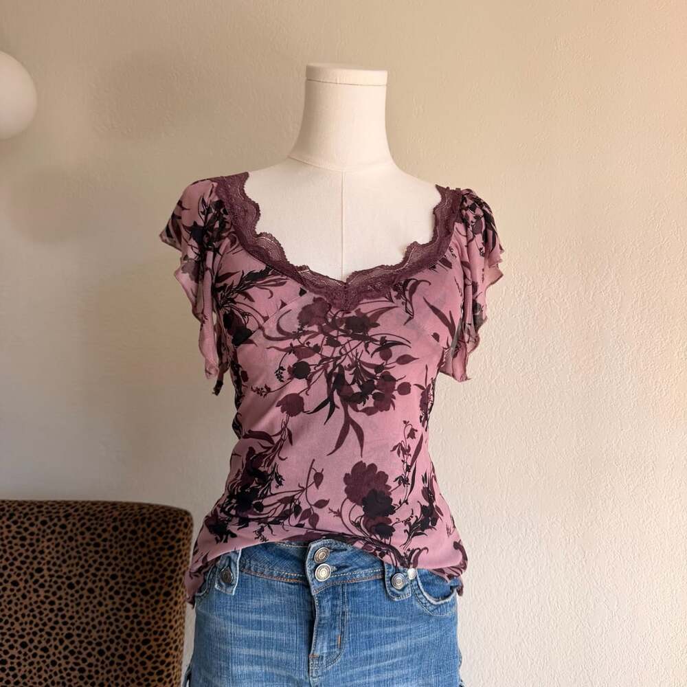 Rebellious Floral Mesh Top Size XS Pink Lace Trim Y2K Fairy